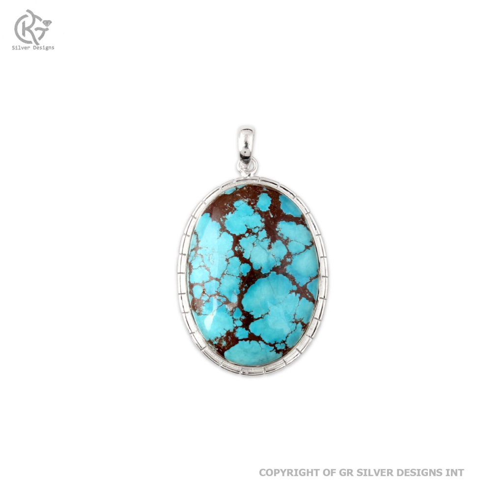 Oval Shape Natural Turquoise Sterling Silver 925 Gemstone Pendant